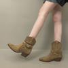 Vintage Suede V-mouth Western Cowboy Boots Women's High Heel Pointed Middle Boots Belt Buckle Stacking Boots