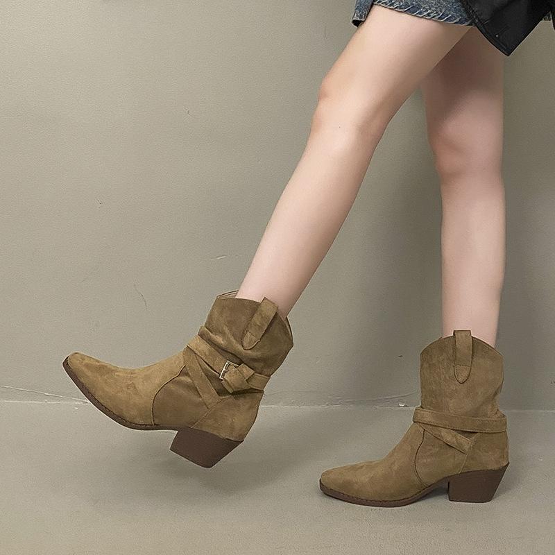 Vintage Suede V-mouth Western Cowboy Boots Women's High Heel Pointed Middle Boots Belt Buckle Stacking Boots