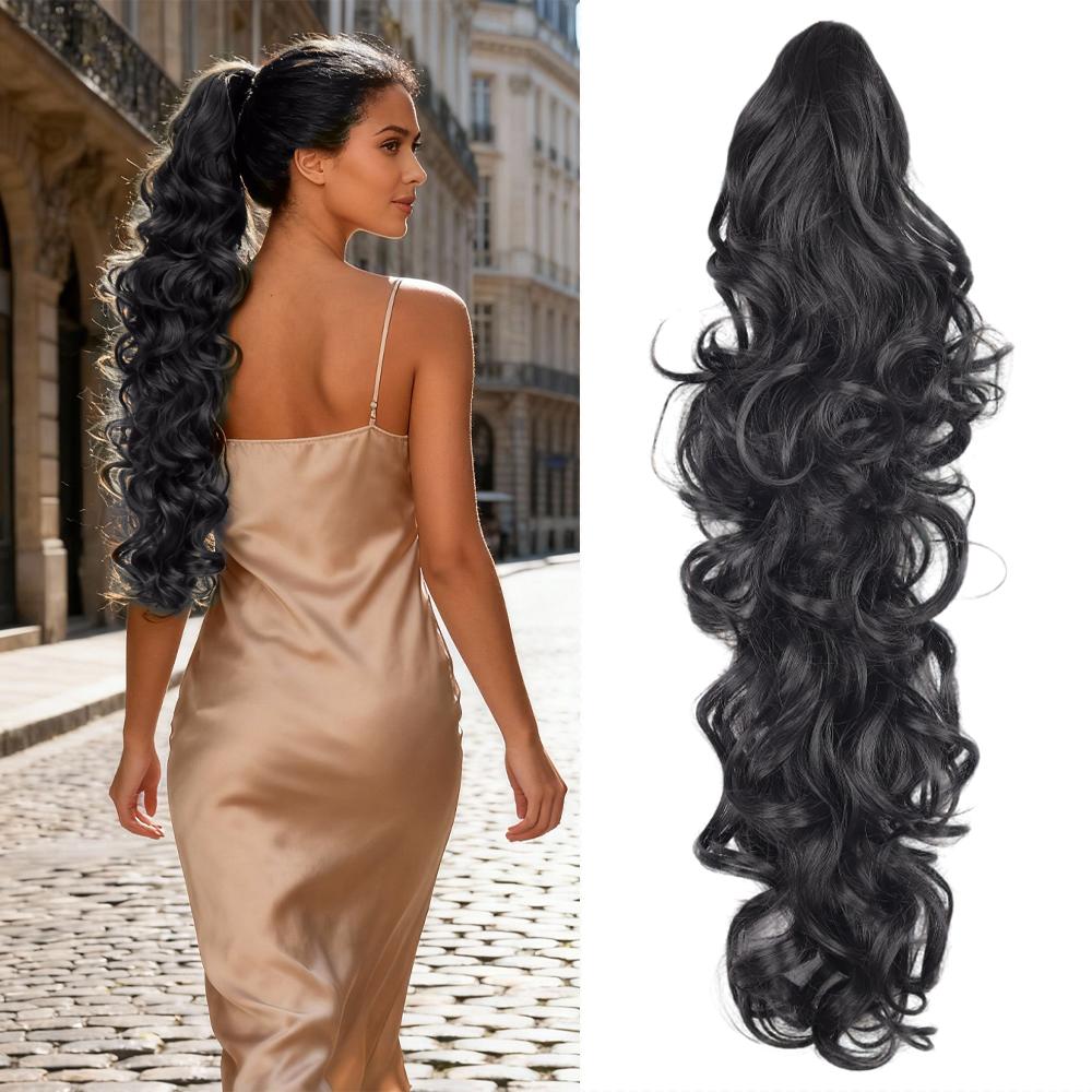 

Synthetic 24Inch Long Curly Wavy Ponytail Extension - Clip-In Hairpiece With Claw Clip Closure Volume & Waves For Parties, 60cm