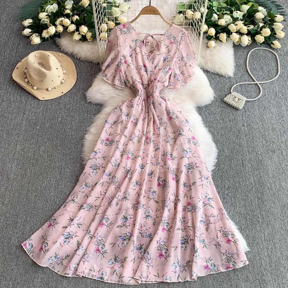 French Retro Coffee Break Floral V-neck Short-sleeved Dress for Women's Summer Waist and Thin Ruffle Edge Big Swing Long Skirt