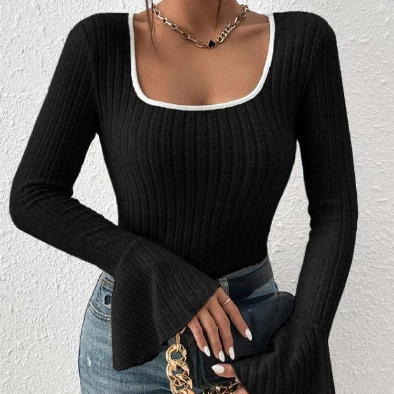 Autumn Square Collar Slim Fit Casual T Shirt for Women Fashion Vintage Flare Long Sleeve T-shirt Women Elegant Solid Winter Base Lady Tee Tops 25178