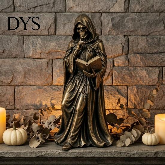 Creepy Tabletop Art Gothic Hooded Reaper Reading Book Resin Statue, Mystical Wizard Skull Figurine Spooky Sculpture Desktop Bookshelf Decor,