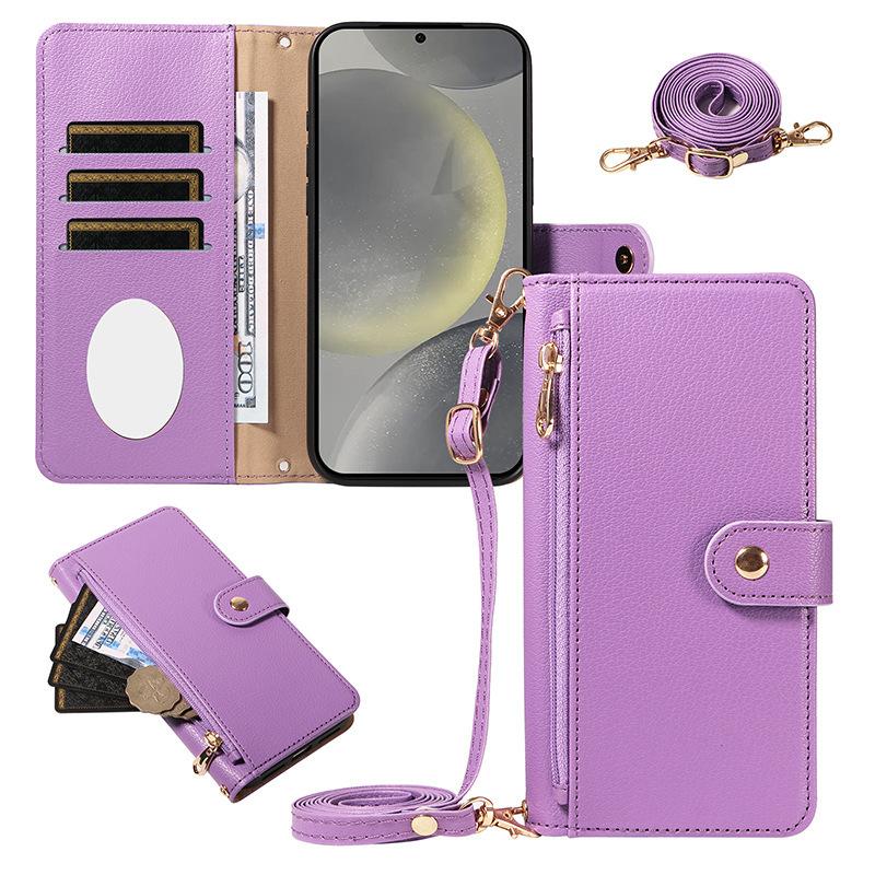 The new flip mirror zipper mobile phone case is suitable for Samsung S25 long lanyard mobile phone fashion protective case.