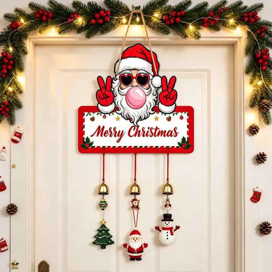 Santa Claus Wall Ornament Merry Christmas Wooden Door Hanging Sign with Bells, Rustic Snowman Black Cat Xmas Window Hanger Tree Reindeer Decorative