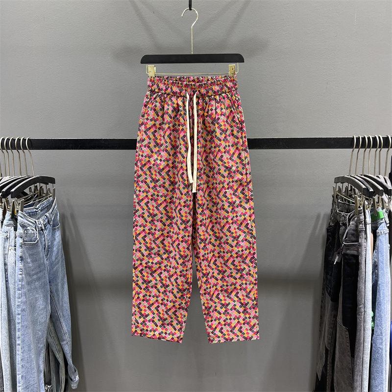 

Минималистичные Летние Новые Брюки для Поездок Женские Тай-Дай Кулиска Эластичная Высокая Посадка Карман Свободные Дышащие Повседневные Прямые Брюки XXXL розовый