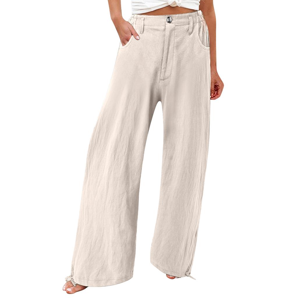 Summer Cotton Linen Wide Leg Pants Women Loose Palazzo Pant Pocket Elastic Waist Button Casual Pants