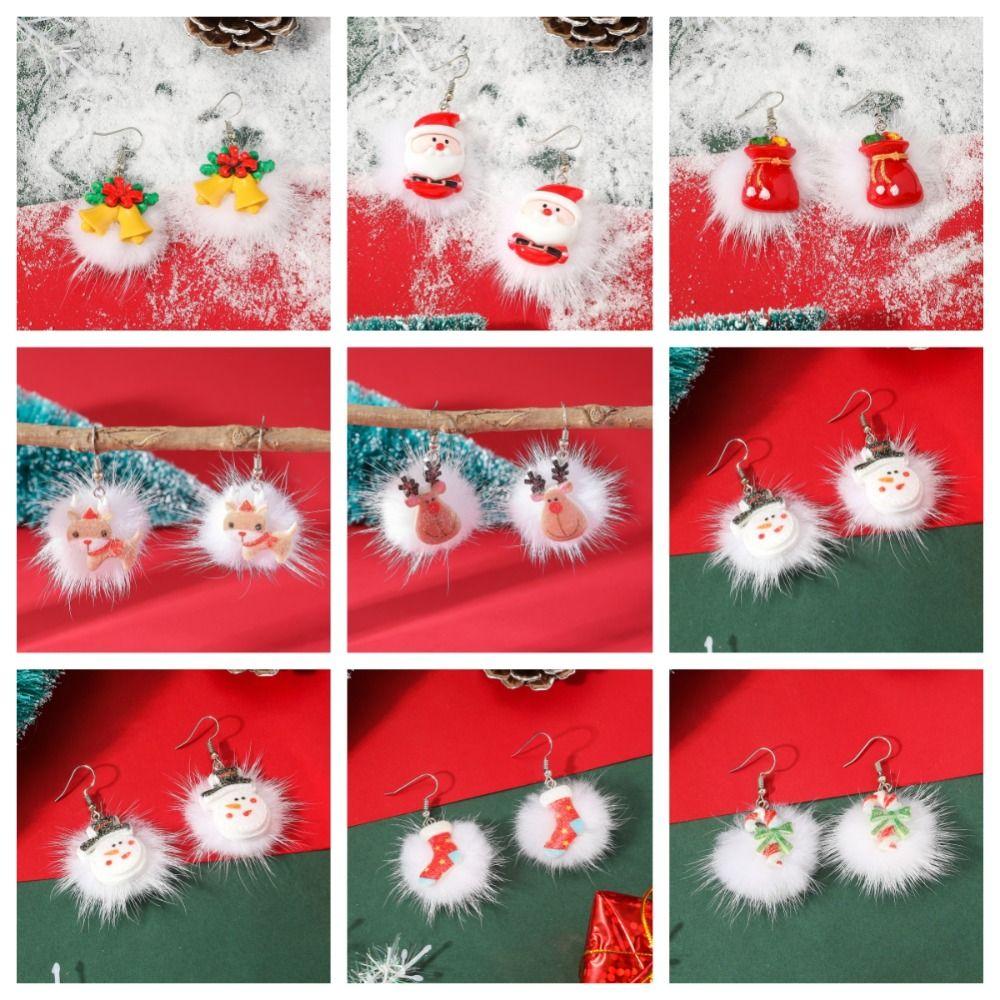 Christmas Bell Merry Christmas Earrings Candy Cane Xmas Earrings Studs Elk Plush Pendant  Unisex