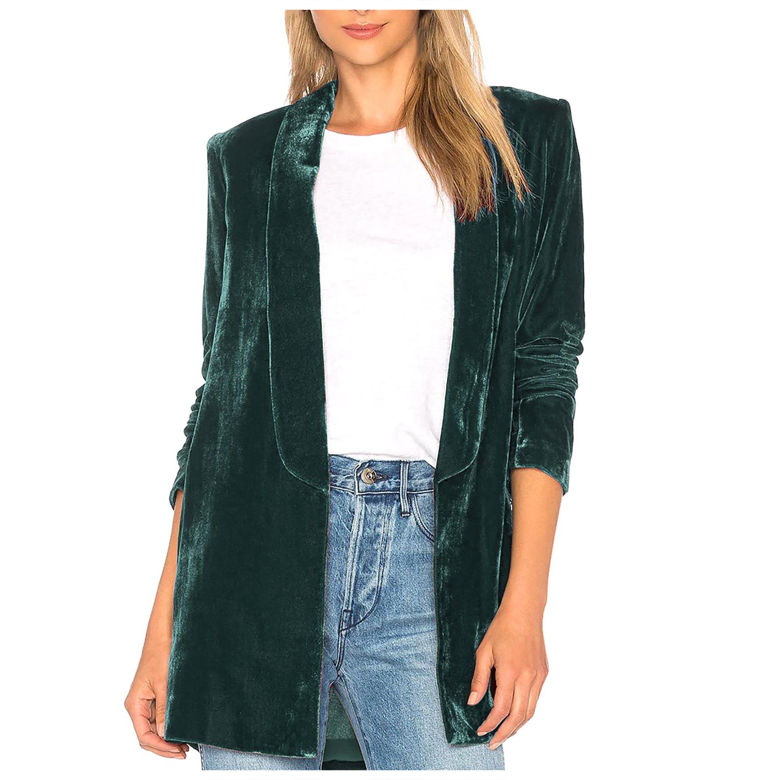 

Женская мода с длинным рукавом золотого бархата сплошной повседневный свободный кардиган пальто M зелёный
