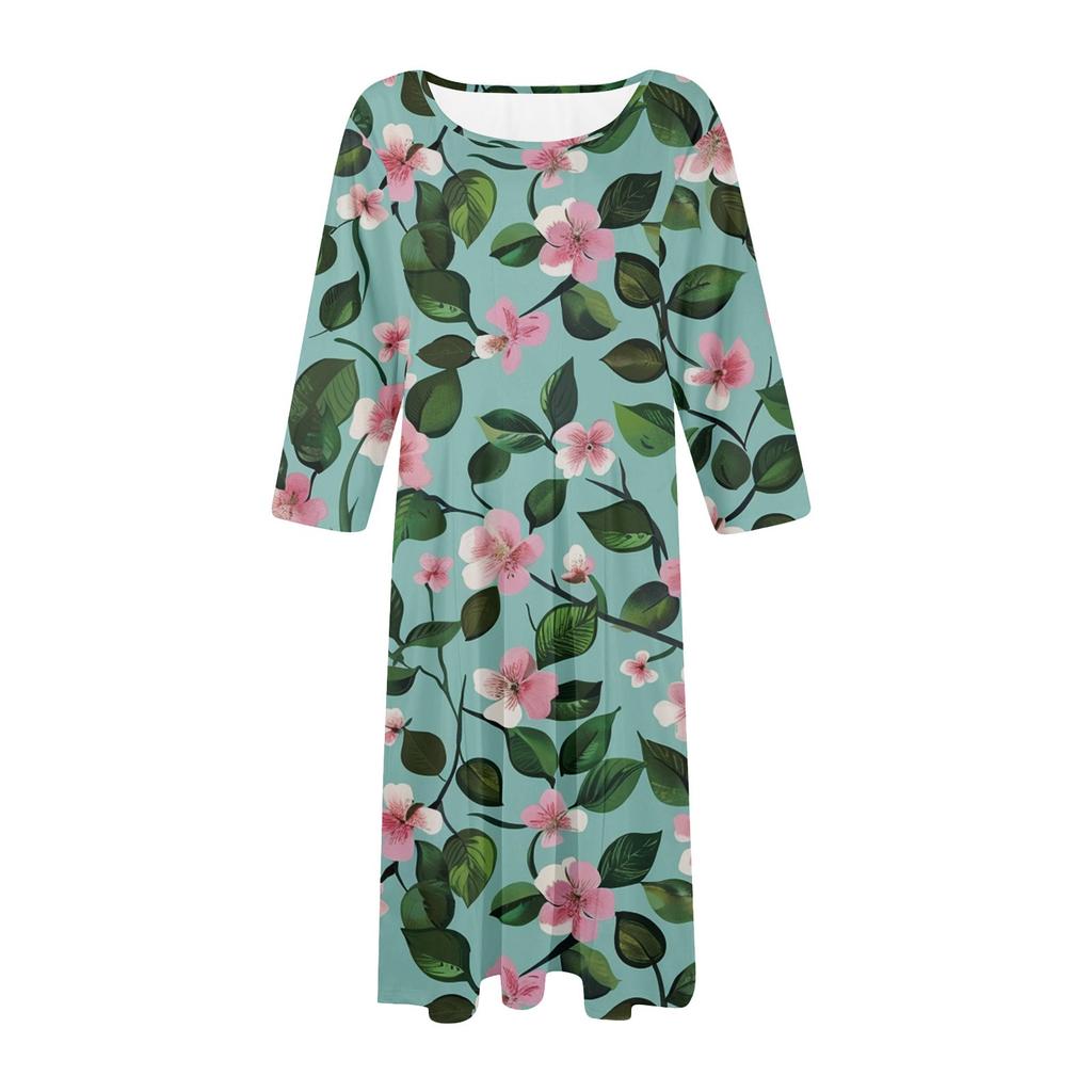 Women's Loose Casual And Fashionable Round Neck Seven Quarter Sleeved Printed Mid Length Dress