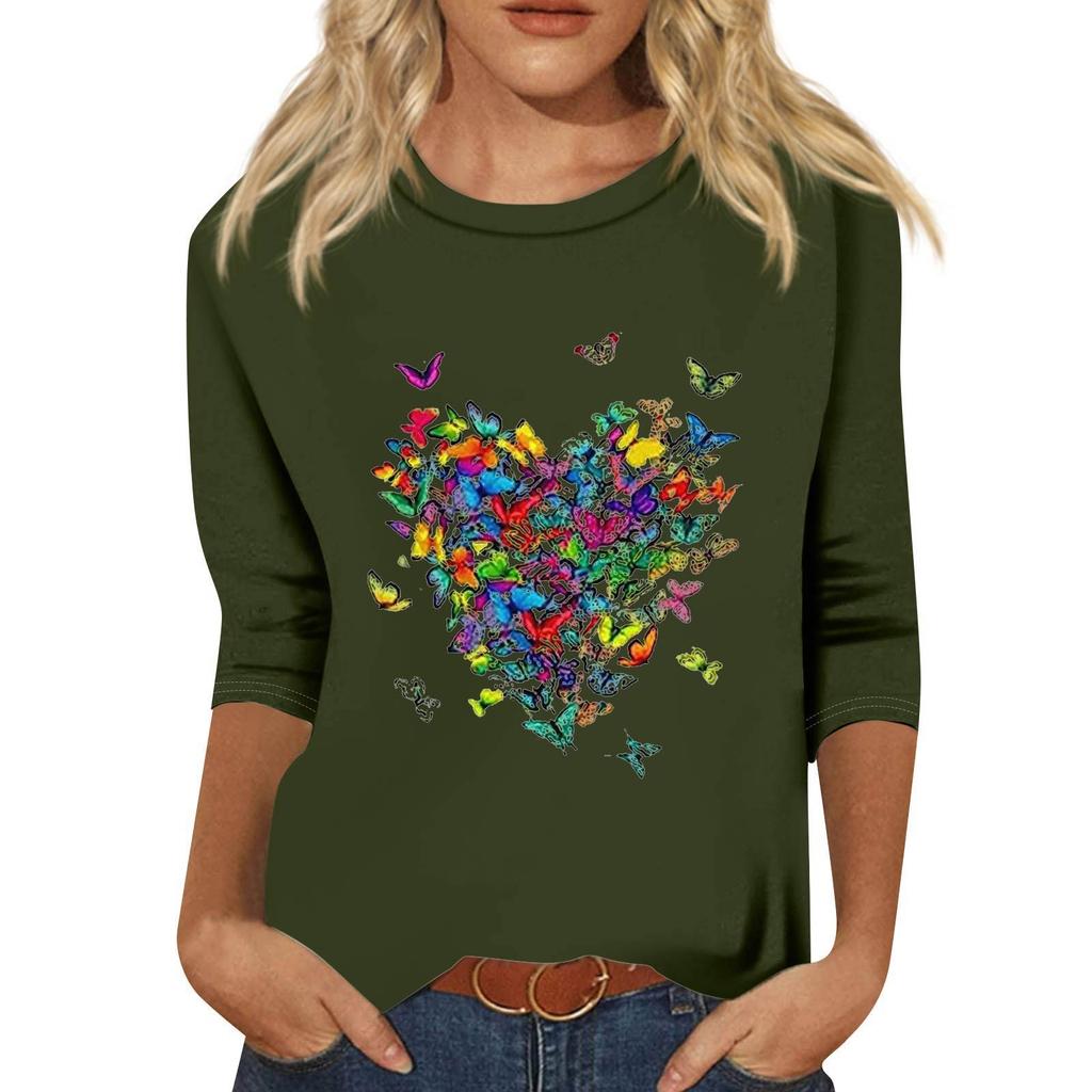 Women's Fashion Loose Casual Seven 3/4 Sleeve Printed Round Neck Pullover Top