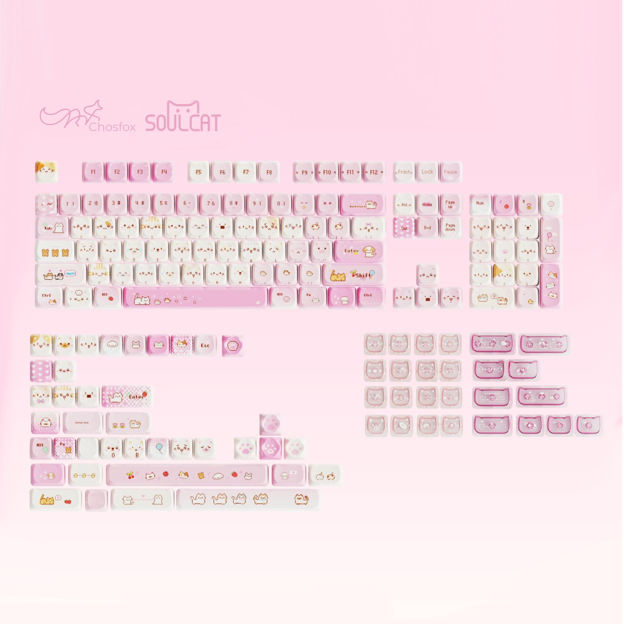 Chosfox&Soulcat 141+26 Key Pixel Meow Meow Keycaps PBT+PC Transparent Keycap Cherry Height Customiz Mechanical Keyboard Keycaps Pixel Meow Meow