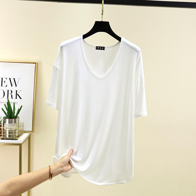 

Korean Style Loose Plus Size V-Neck Five-Sleeve Summer T-Shirt for Women Plus Size белый