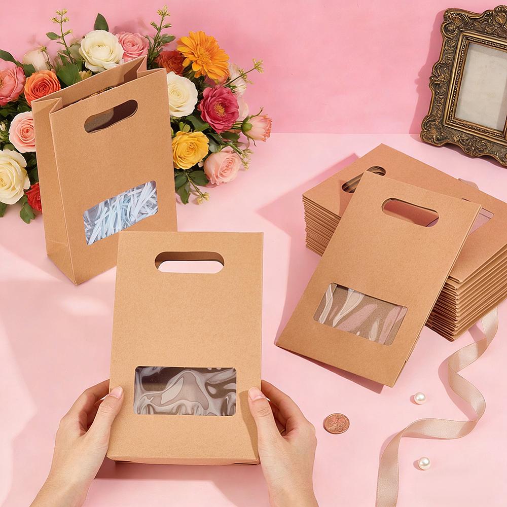 12pcs Kraft Paper Gift Bags with Visible Window and Die Cut Hole Handles Rectangle BurlyWood 14.8x6.8x23cm