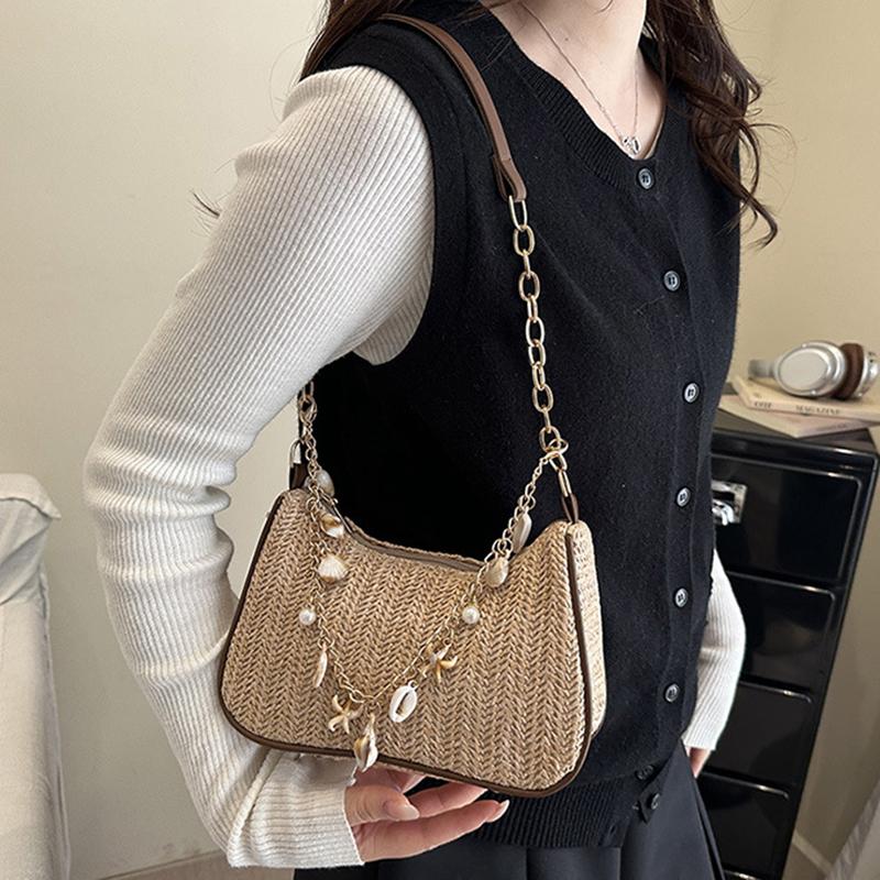 Yogodlns Summer New Women Simple Shoulder Bag Fashion Straw Fashionable Versatile Crossbody Bag Lightweight Casual Commuting Bag