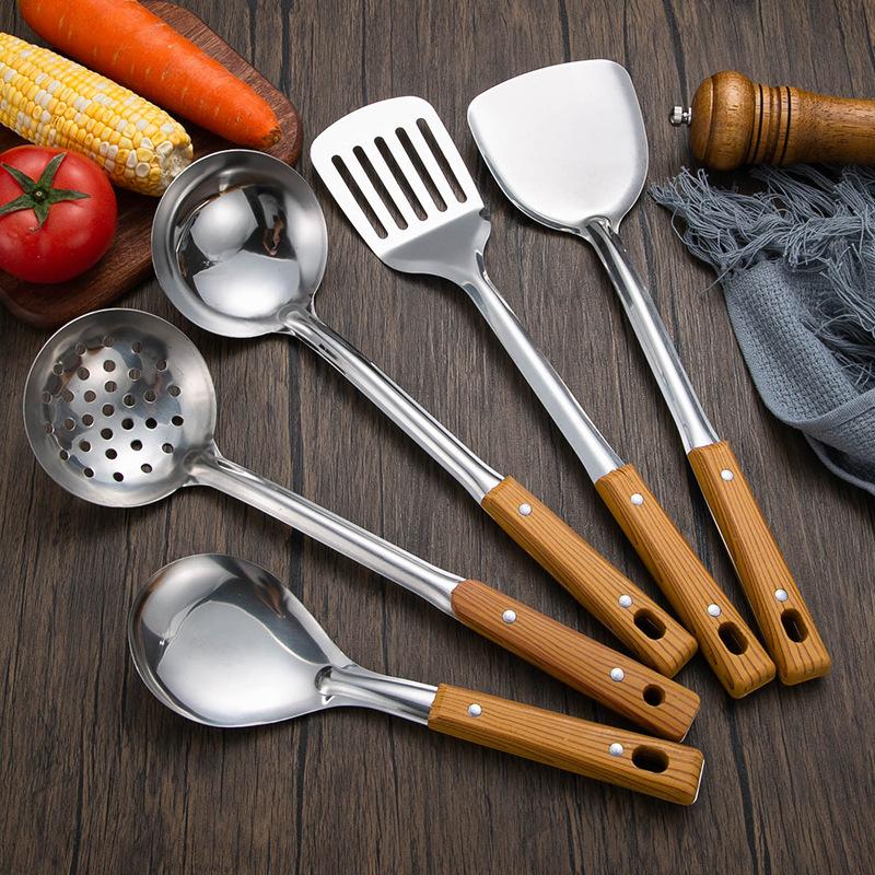 Stainless Steel Scalding Handle Spatula Spoon Colander Imitation Wood Grain Kitchenware Set Kitchen Cooking Spatula Thickened.