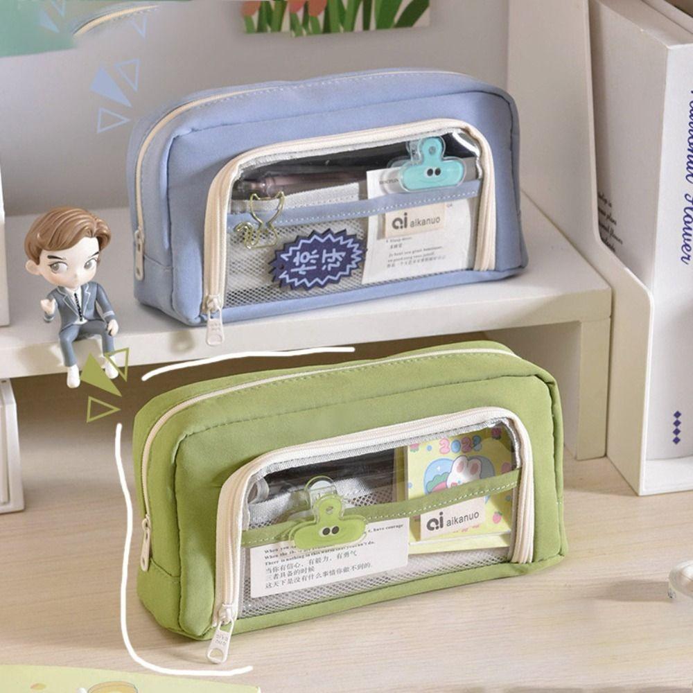 Large Capacity Stationery Box Double Layers Pencil Bag Cute Transparent Pencil Case Student