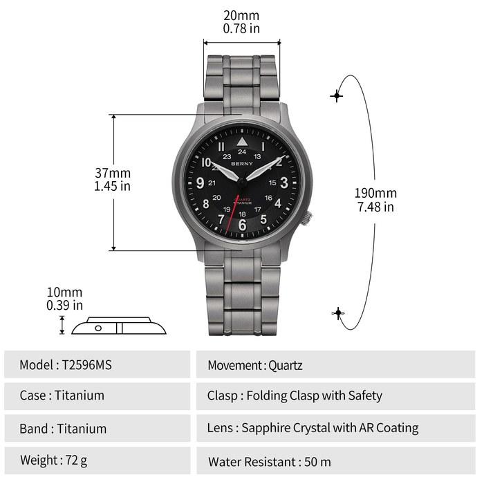 BERNY Titanium Watch Men's Titanium Watch Japan VH31 Sweep Second Quartz Movement 5ATM Water Resistant Super-Luminova Black