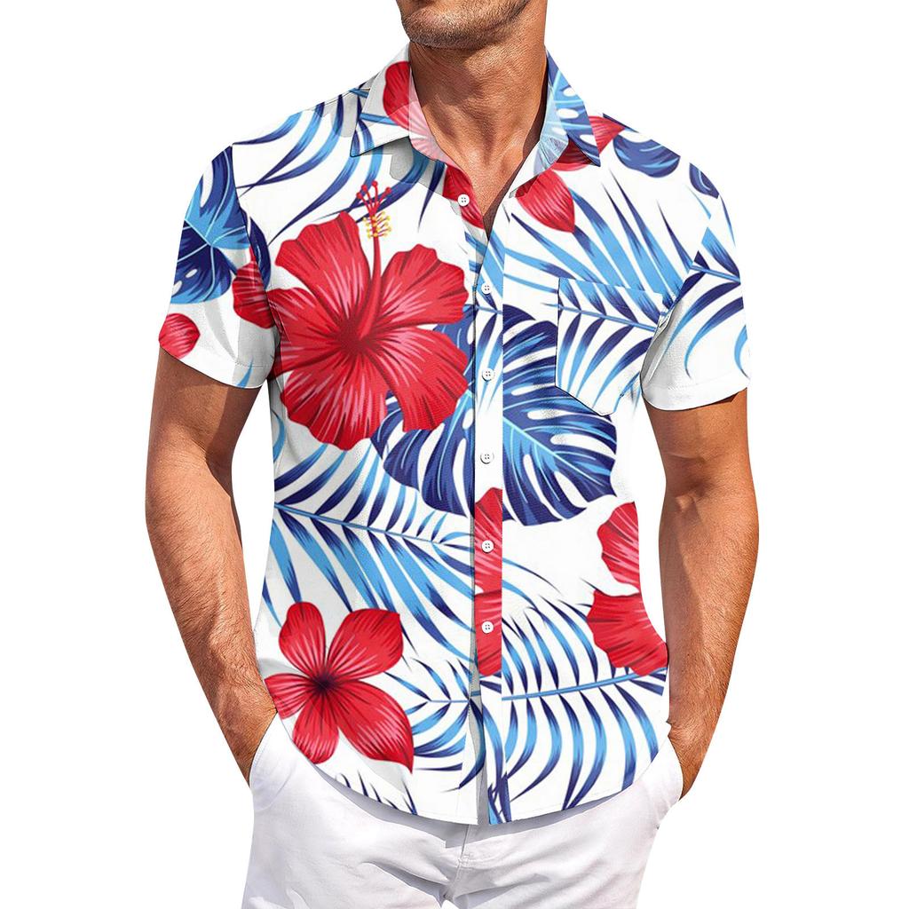 Men's Vintage Button Down Bowling Shirts Short Sleeve Summer Beach Shirt