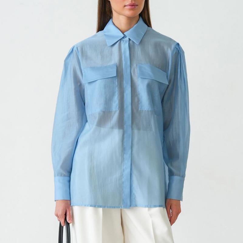 Women S Long Sleeve Lapel Sheer Tencel Blend Shirt For Commute