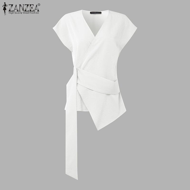 ZANZEA Women Casual V Neck Short Sleeve Side Button Irregular Loose Blouse