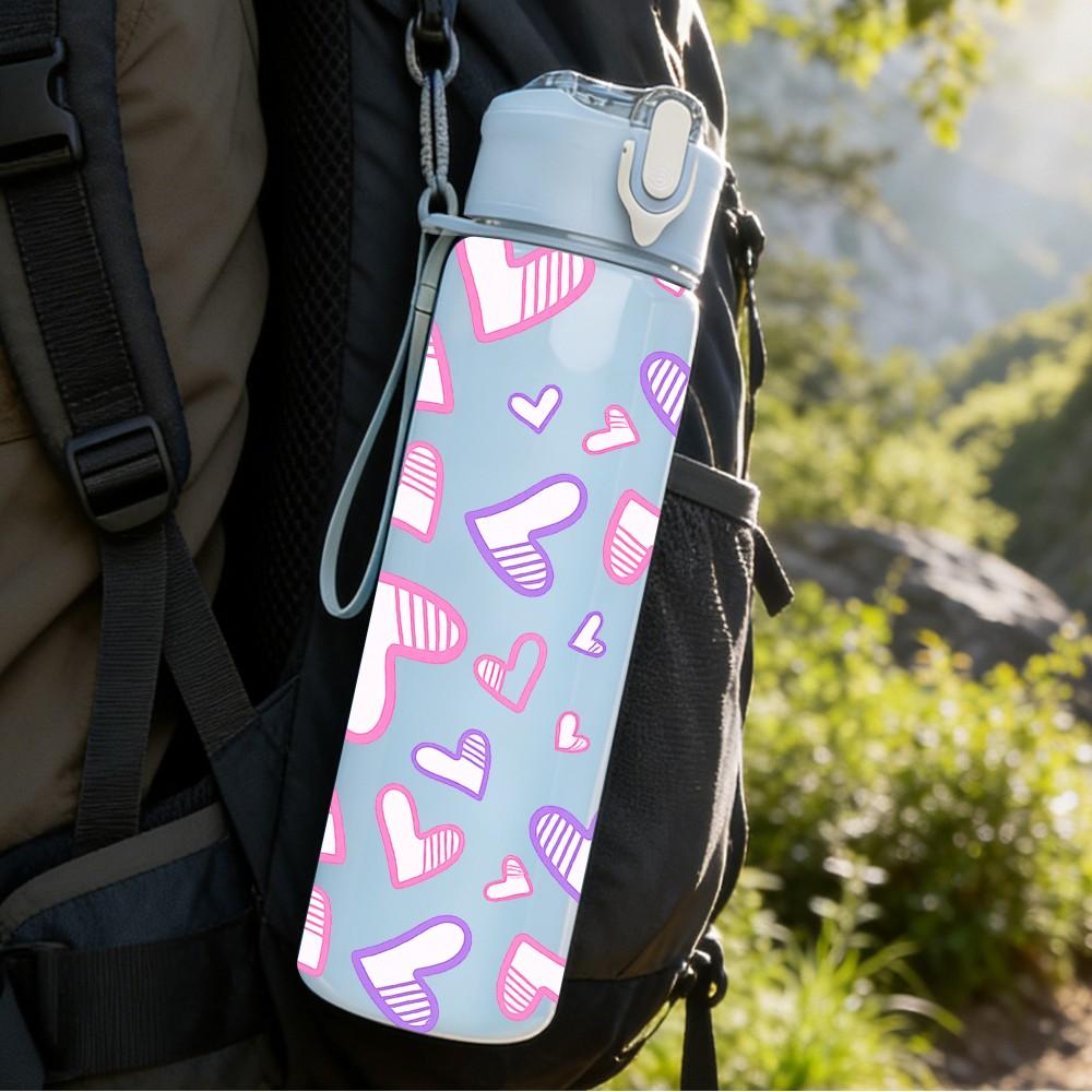 1PC Pink Purple Heart Seamless Print 750ml Color Plastic Sports Water Bottle Leakproof Flip Straw Lid Suitable for Sports Office Home Use