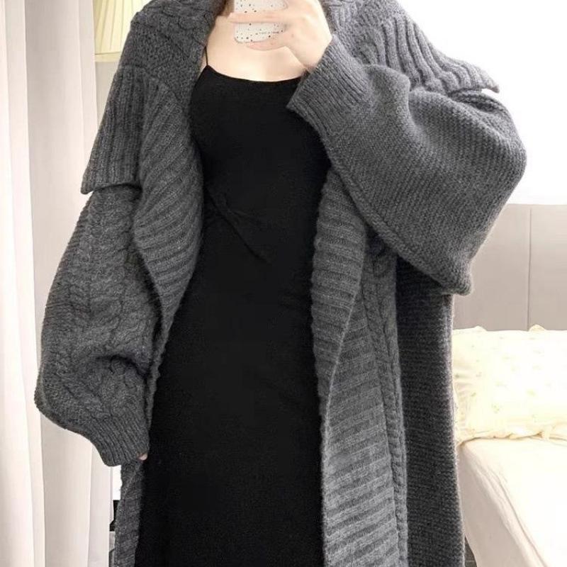 Women's Autumn Winter Knit Cardigan: Korean Style, Large Lapel, Mid-Length, Loose Fit, High-End Casual Sweater.