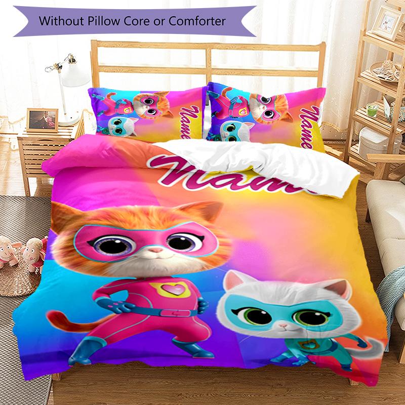 3pcs Super Kitties Adventures1 Cover Set - Personalized Name, HD Printed Bedding with 1 Cover and 2 Pillowcases - Perfect for Home Decor, Easy C