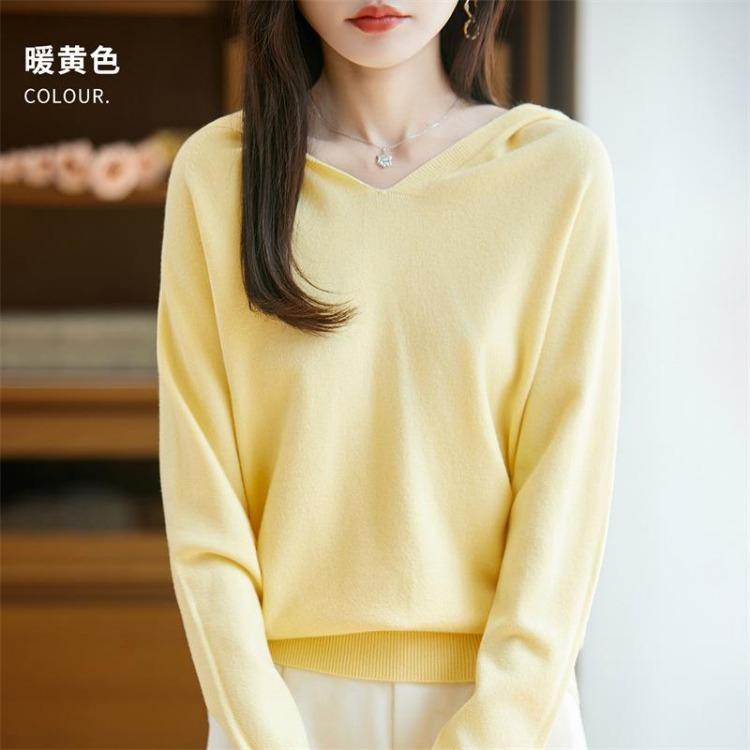 Warm V Neck Hooded Knitted Sweater for Women Autumn Winter Hoodie Sweater