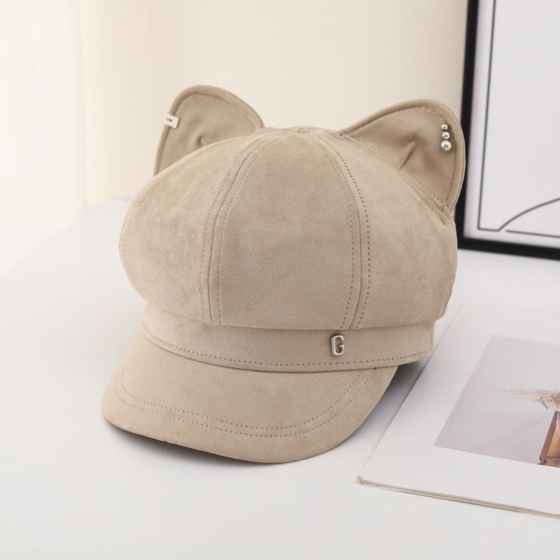 New Black Octagonal Hat Ins Wind Cat Ear Metal Label Newsboy Hat Autumn and Winter Versatile Face Hat