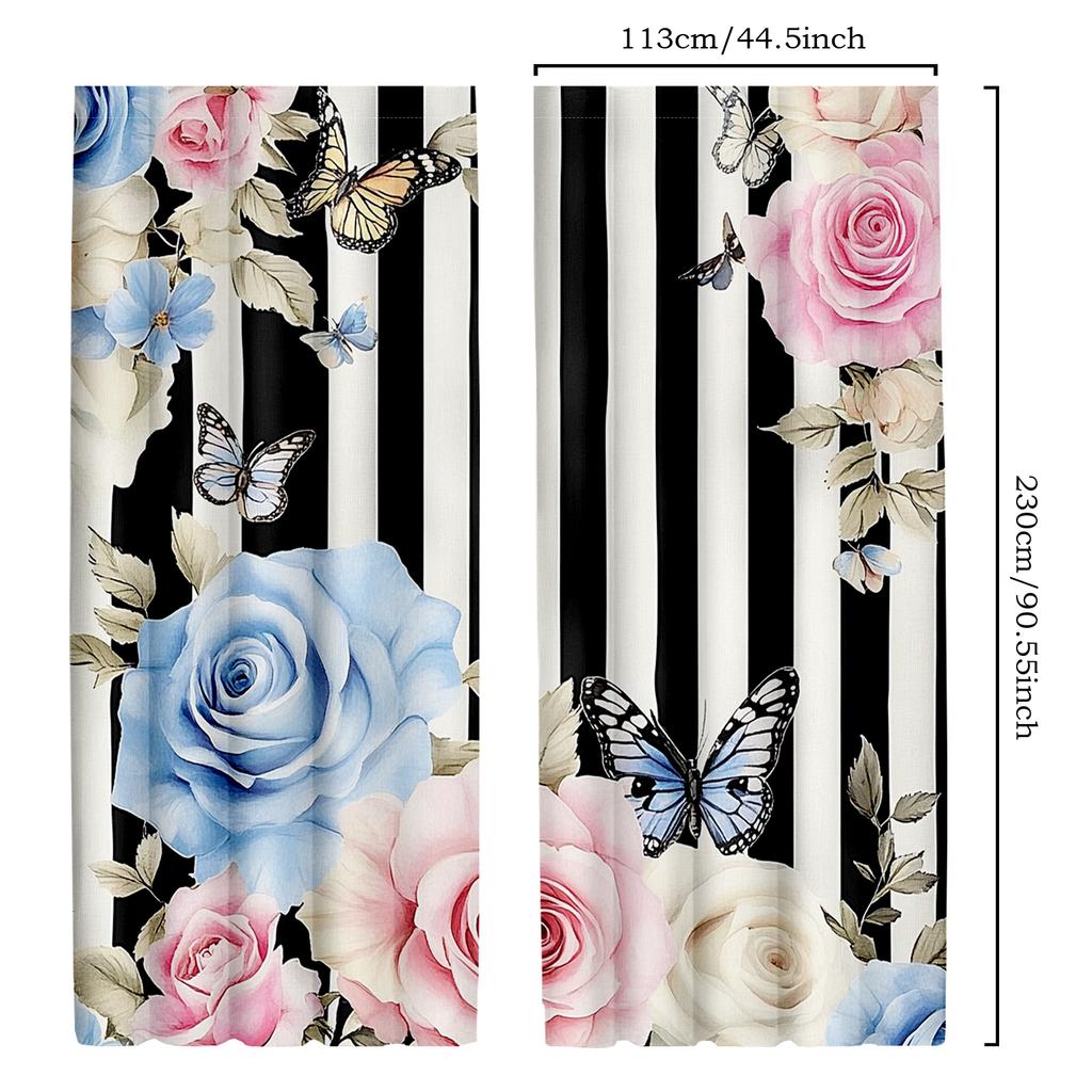 2 Stück Elegante Vorhänge mit rosa Rosen- und Schmetterlingsmuster   Schwarz-Weiß-Streifen - Polyester   Klassischer Stil für Wohnzimmerdekoration   Vor
