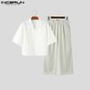 INCERUN 2PCS Men Lapel Neck Short Sleeve Shirt Long Straight Pants Sets Two Pieces Outfits