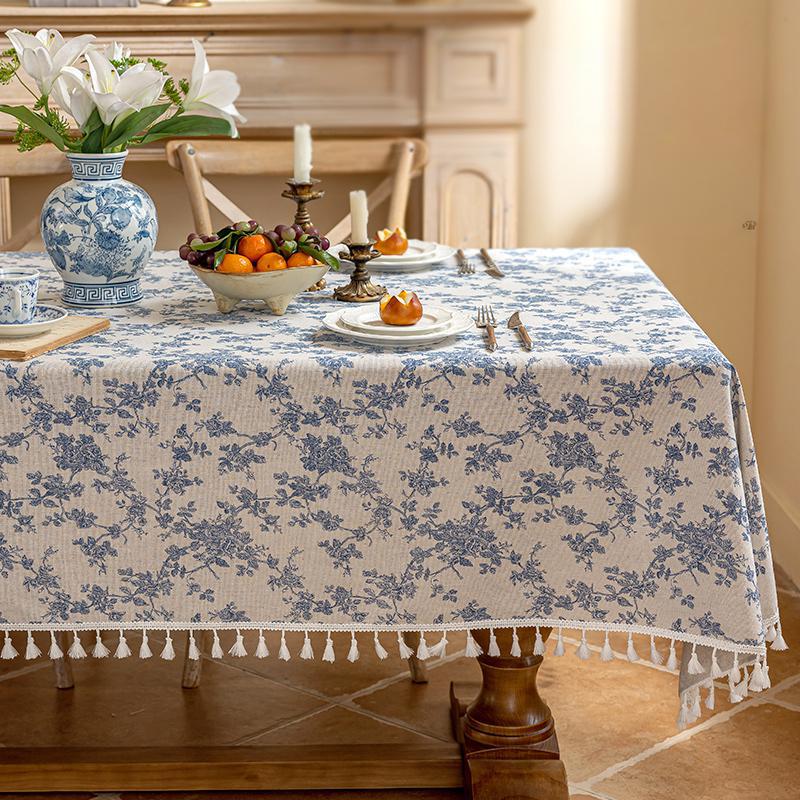 

Flower Printed Table Cover featuring Tassels Cotton Linen Table Cloth Naturally Breathable and Comfortable nappe de table Premium 152x152cm1pc