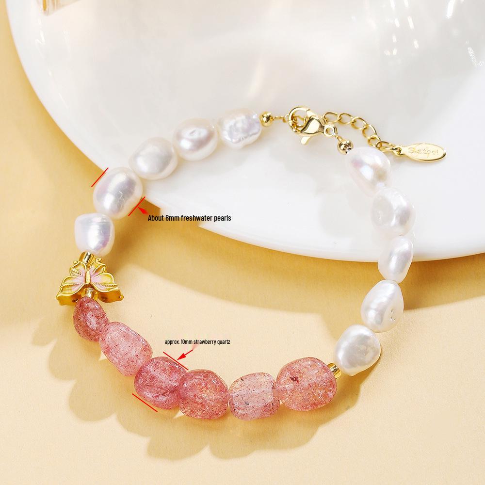 Strawberry Quartz & Large Pearl Adjustable Bracelet: Sweet Girl Light Luxury Design