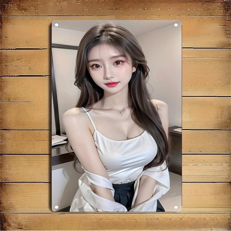 Hisun Tin Sign HD Metal Tin Sign Stunning Asian Beauty in White Satin Cami Top Vintage Poster Elegant Daily Style Wall Art Decor for Home Bar
