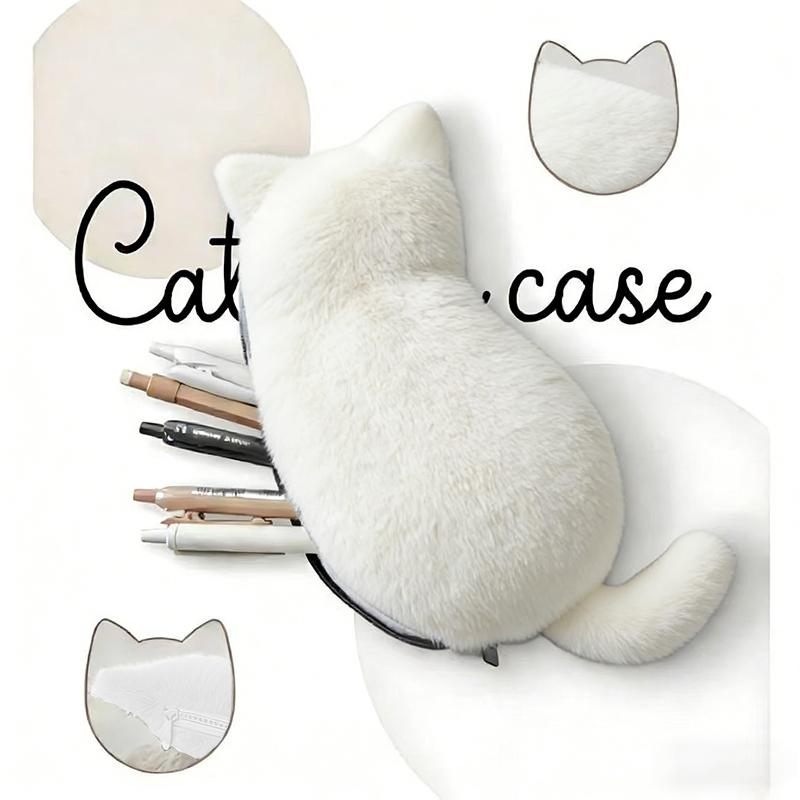 Kawaii Plush Cat Shaped Pen Bag With Soft Touch Cute Lightweight Large Capacity Stationery Storage Pen Bag Multi-Purpose Storage