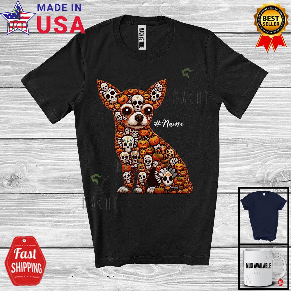 

Custom Name Chihuahua Skull Pumpkin Shape Creepy Halloween Animal Lover T-Shirt M
