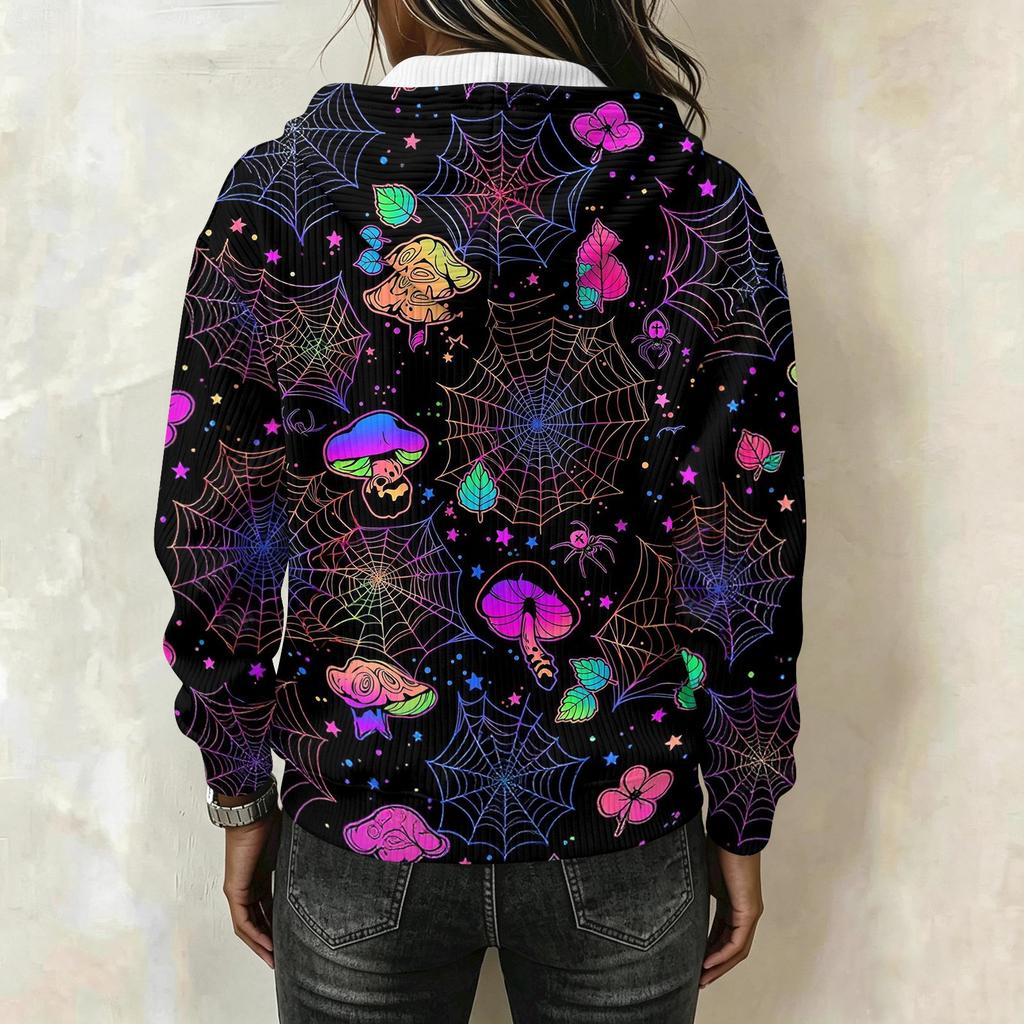 Women's Long Sleeve Halloween Print Pullover Hoodie with Drawstring Hood