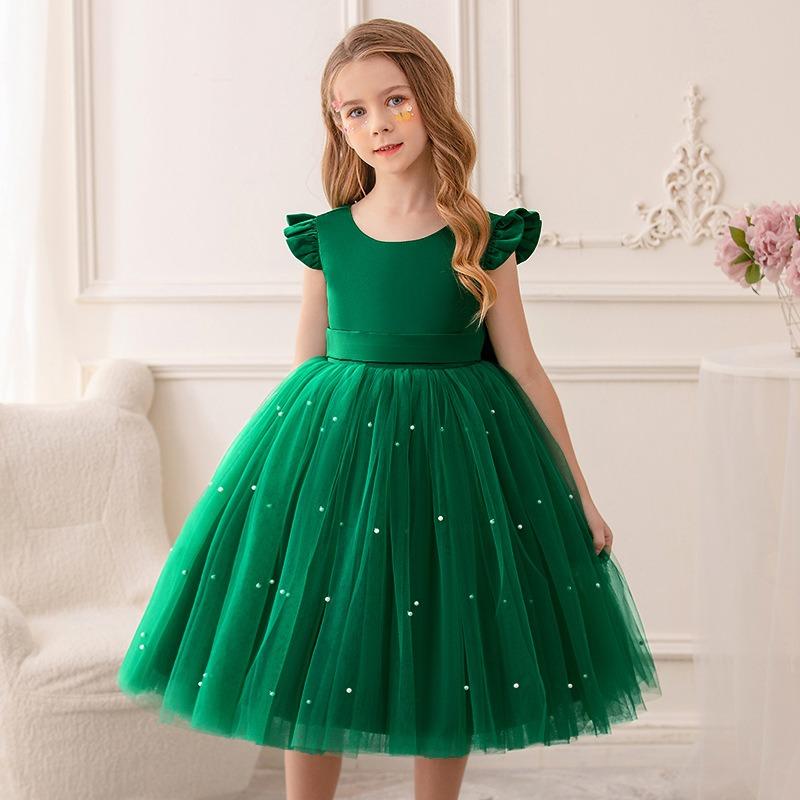 Girl Flower Birthday Tulle Dress Bow Wedding Kids Party Wear Princess Blue Dress Baby Bowknot Dresses