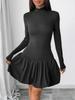 Autumn Winter Casual Slim Black Elasticity Puffy Dresses Simple Elegant A-line Turtleneck Long-sleeve Solid Mini Dress Female