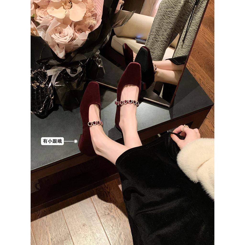Sheepskin version~ French square head light mouth high heels one-word diamond strap low heel Mary Jane shoes single shoes women