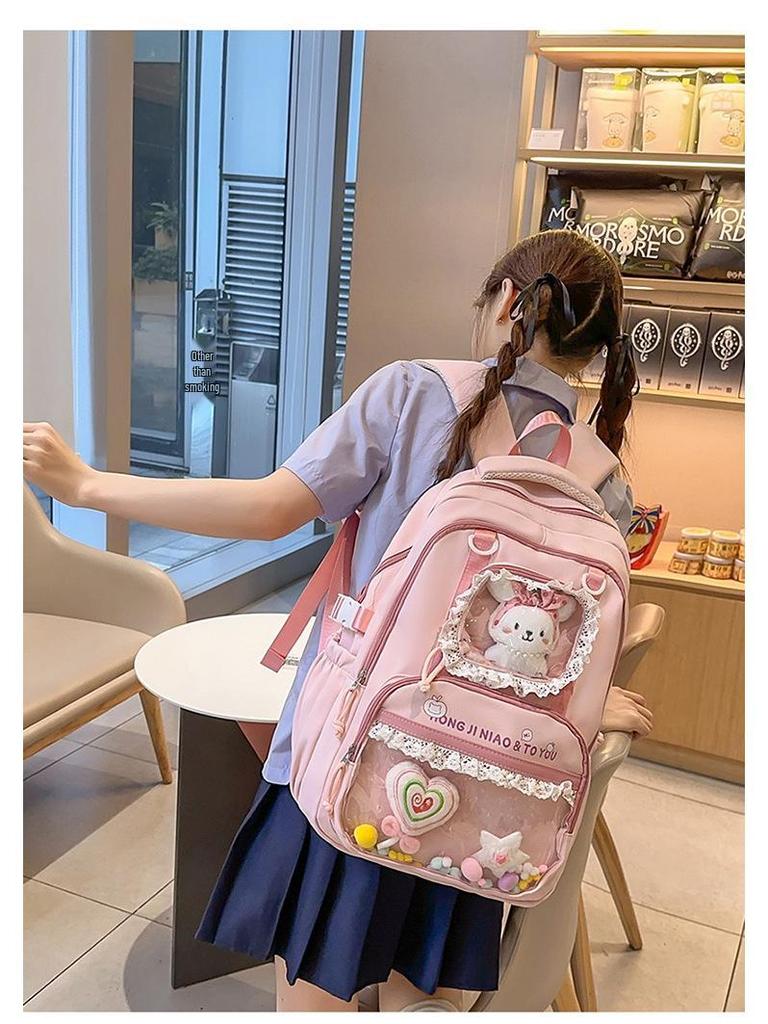 Süßer Farbblock Ita Rucksack für Junior- und Highschool-Mädchen - Transparent, Großes Fassungsvermögen, Dekompressionsdesign, Ins-Stil
