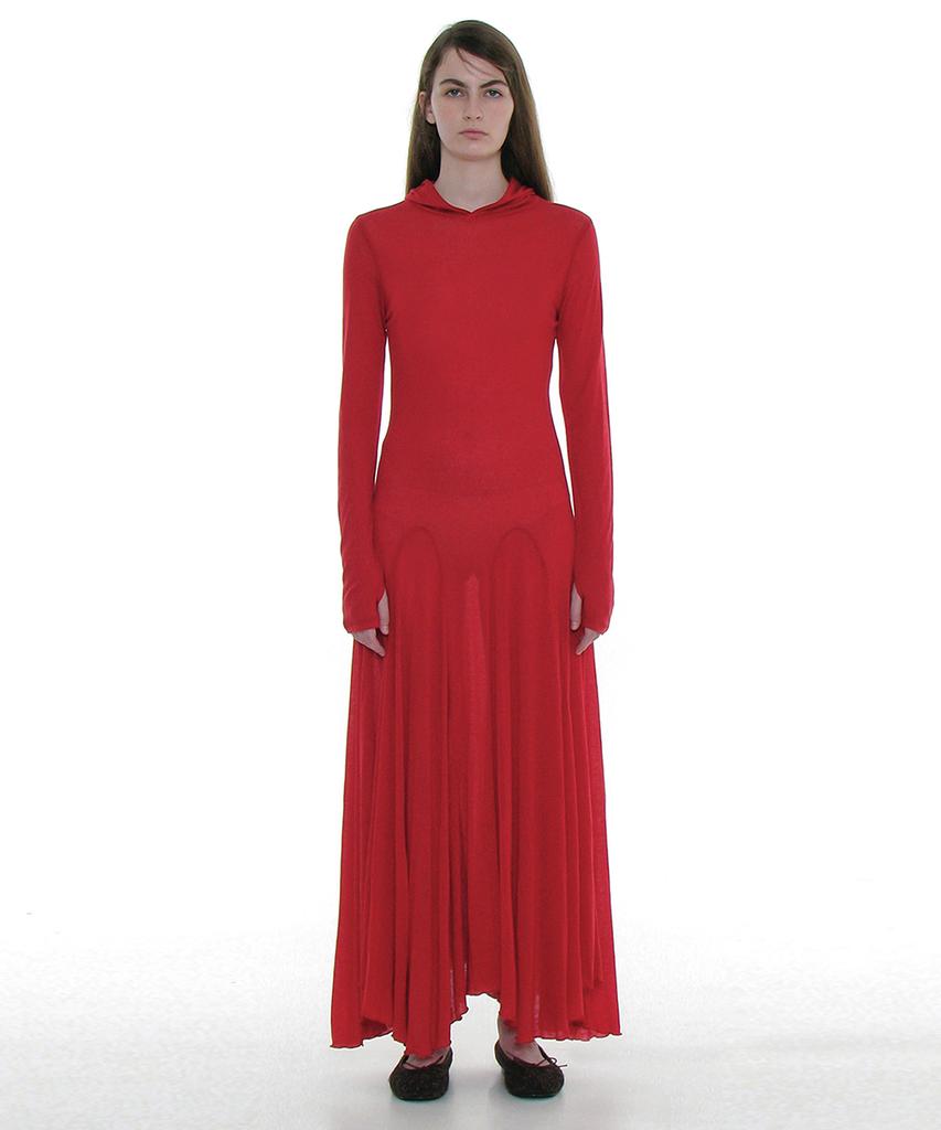 Partimento Woman Sheer Layered Hoodie Flare Dress_Red