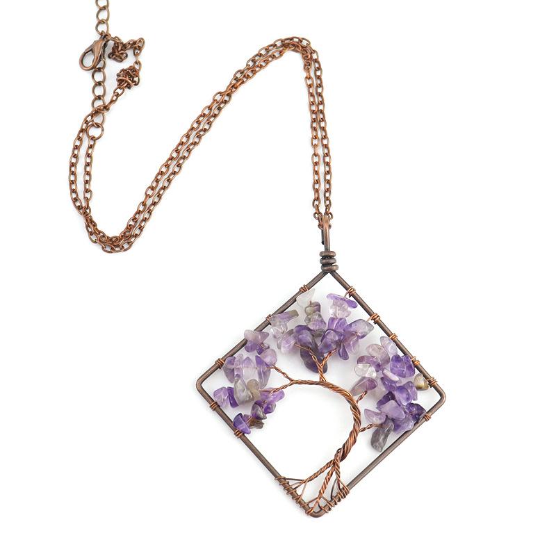 Handmade Vintage Tree of Life Necklace with Wire-Wrapped Natural Crushed Stone Crystal