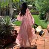 Frühling und Herbst Neujahr Neues Rosa Langarm Blumenkragen Kleid Taille Laternenärmel Urlaubs Strandkleid