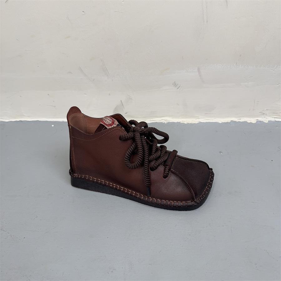 Johnature Genuine Leather Square Toe Retro Short Boots Lace Up Flat Bottom Women's Shoes