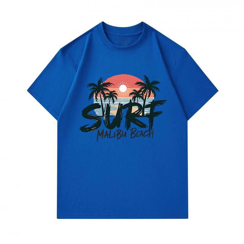 Men's 100% Cotton Crew Neck Short Sleeve T-Shirt, Surf Malibu Beach Retro Palm Sunset Print Casual Breathable Summer Top for Daily Outdoor Surfing Str