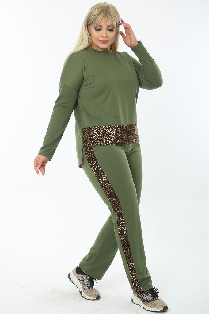 Damenmode Große Größe Trainingsanzug Set Übergröße Baumwolle Lila Hose Trainingsanzug Set mit Leopardenmuster-Verzierung an der Seite und Taille