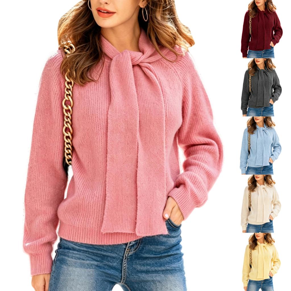 Women's Tie Front Knit Pullover Sweater Long Sleeve Color Versatile Casual Top