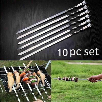 10PCS BBQ Barbecue Steel Grilling Kabob Kebab Flat Skewers Needle Set 38cm Stainless Steel BBQ Barbeque Skewers Kitchen Grill
