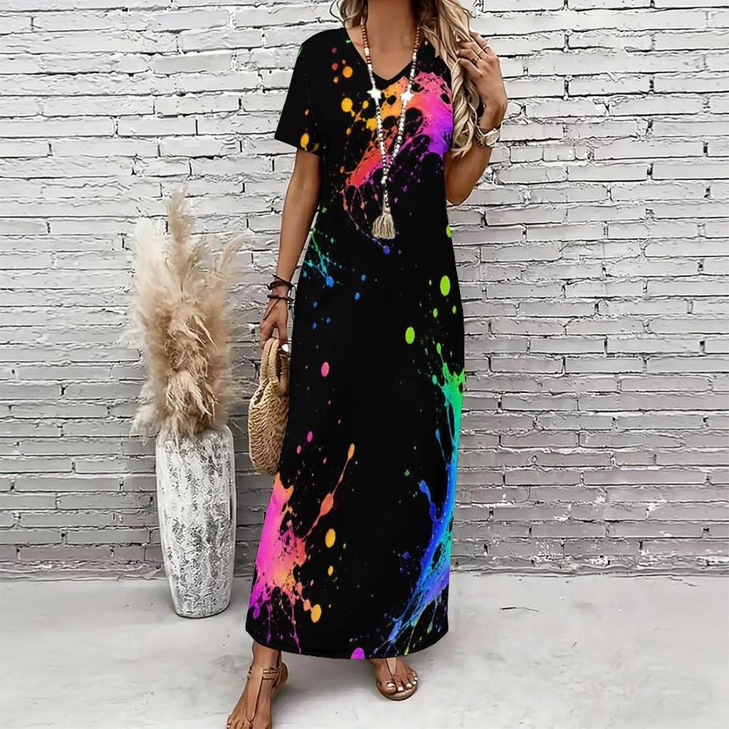Women Plus Size V Neck Short Sleeve Abstract Printed Straight Maxi Dress